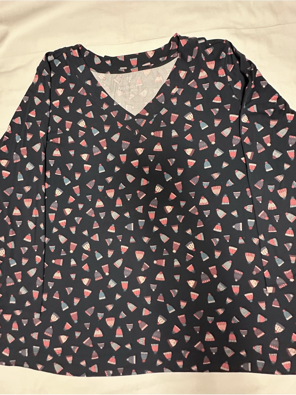 Any Body V-neck Long Sleeve Navy Beanie Print Top with Pants -3X